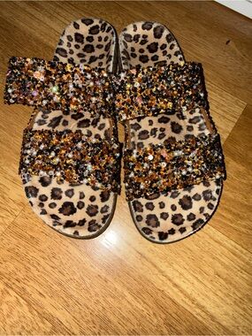 Embellished Leopard Print Slide Sandals - Brown